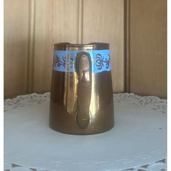 Antique Copper Lustreware Miniature Creamer Hand Painted Blue Floral Band Jug - Picture 5 of 8